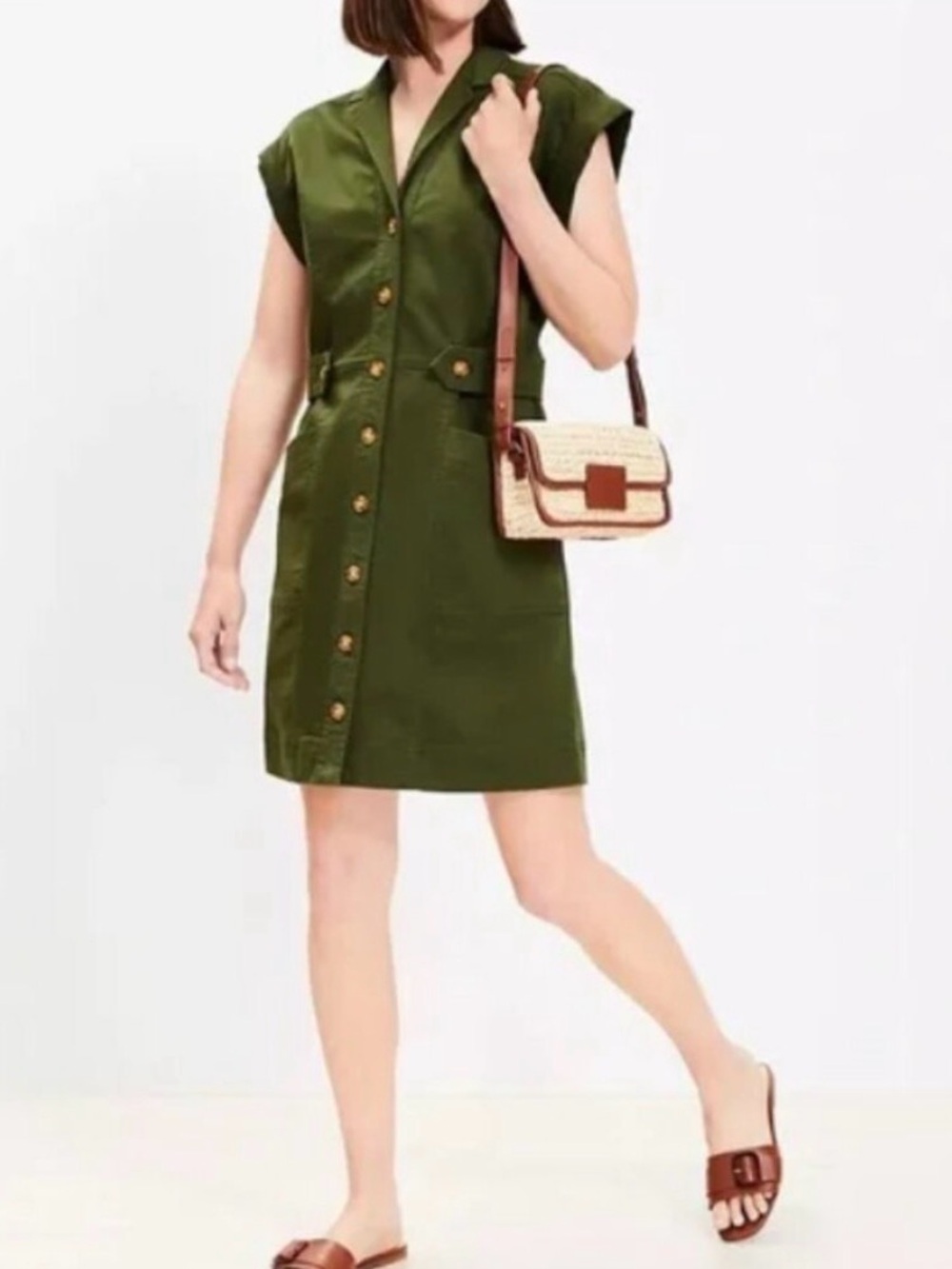 LOFT Olive Green Button-Front Mini Dress